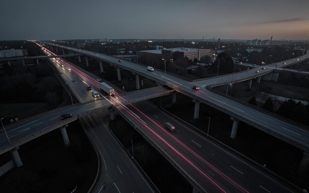 Aerial view of a highway interchange at dusk, part of the karinas inc service network